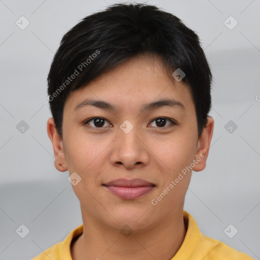 Joyful asian young-adult female with short  brown hair and brown eyes