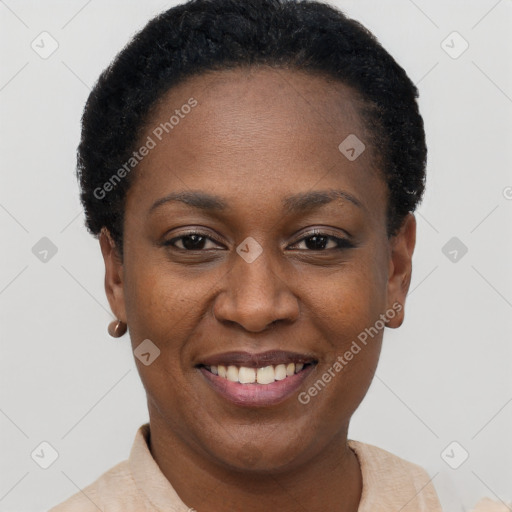 Joyful black young-adult female with short  black hair and brown eyes