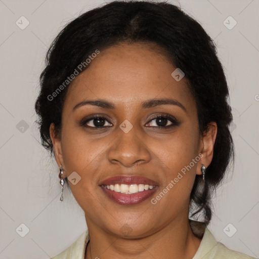 Joyful black young-adult female with long  brown hair and brown eyes