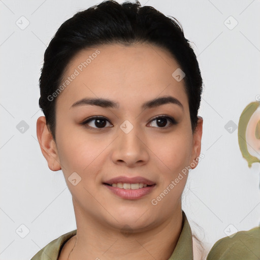 Joyful white young-adult female with short  black hair and brown eyes