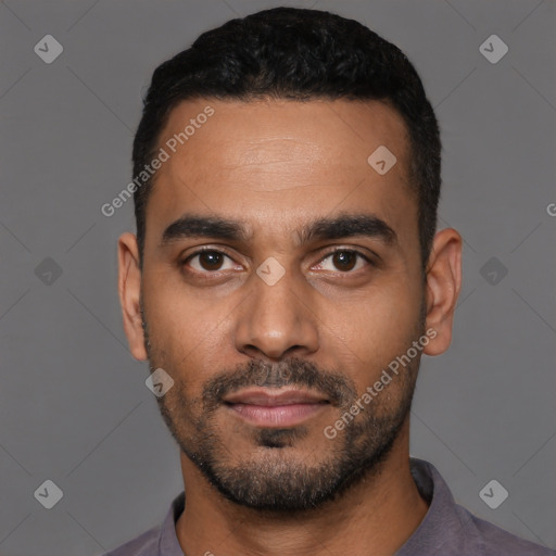 Neutral latino young-adult male with short  black hair and brown eyes