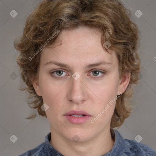 Neutral white young-adult female with medium  brown hair and grey eyes