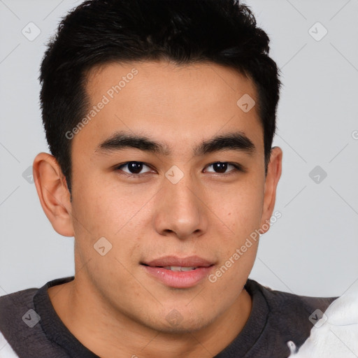 Neutral asian young-adult male with short  brown hair and brown eyes