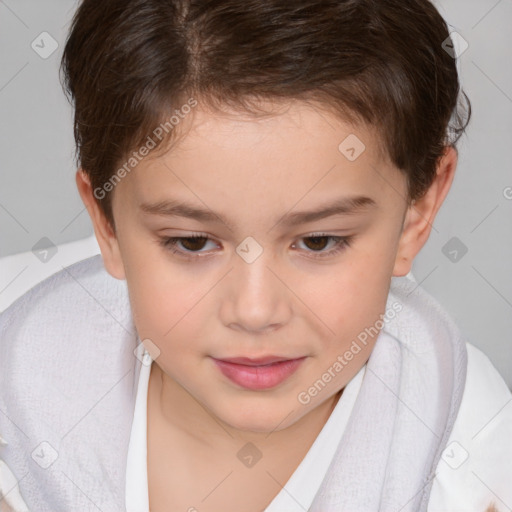 Joyful white child female with short  brown hair and brown eyes