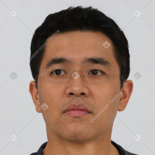 Neutral asian young-adult male with short  black hair and brown eyes