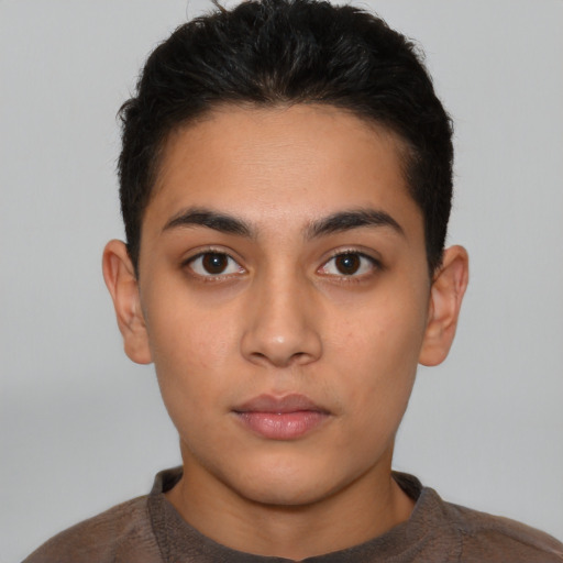 Neutral latino young-adult male with short  brown hair and brown eyes