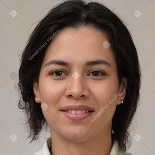 Joyful white young-adult female with medium  brown hair and brown eyes