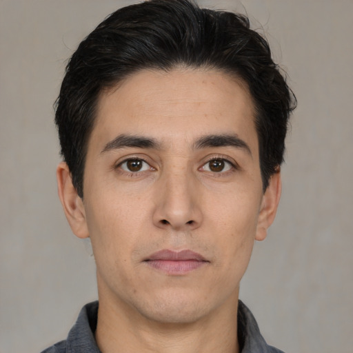 Neutral asian young-adult male with short  black hair and brown eyes