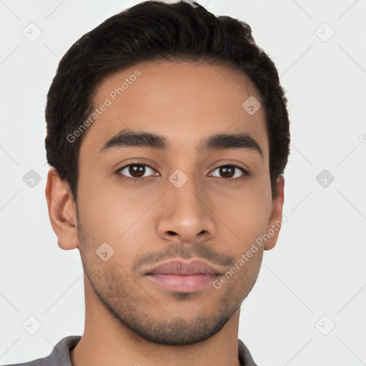 Neutral latino young-adult male with short  brown hair and brown eyes