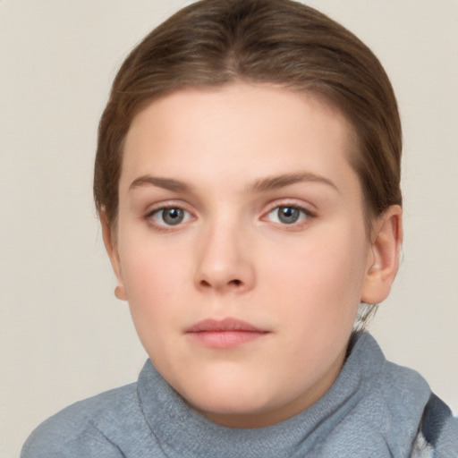 Neutral white young-adult female with short  brown hair and brown eyes