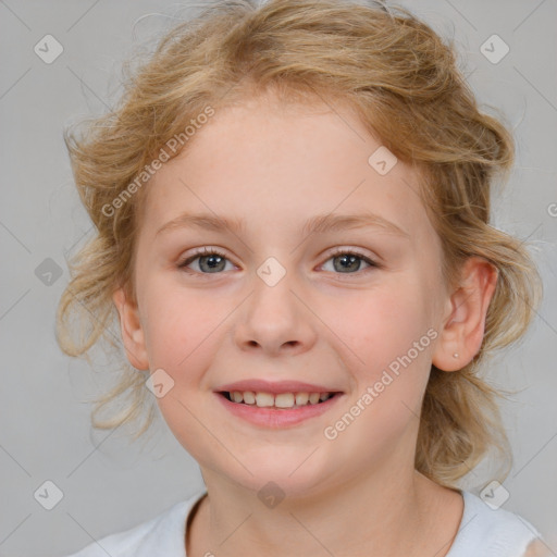 Joyful white child female with medium  brown hair and brown eyes