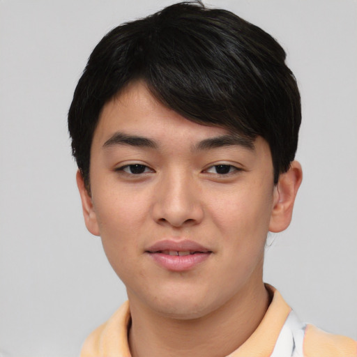 Neutral asian young-adult male with short  black hair and brown eyes