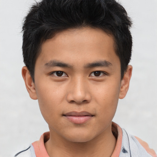 Neutral asian young-adult male with short  brown hair and brown eyes