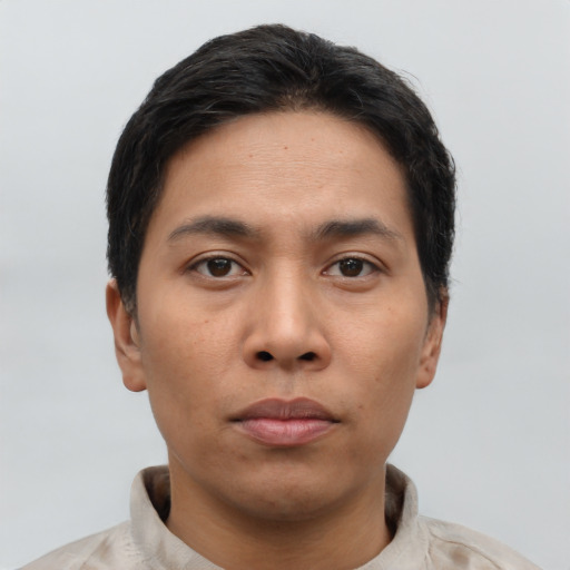 Neutral asian young-adult male with short  black hair and brown eyes