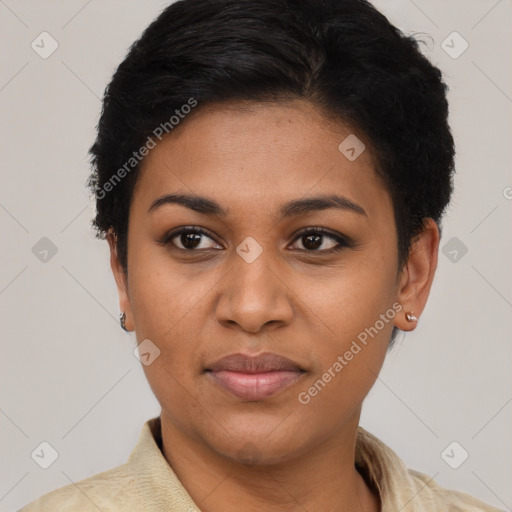 Joyful latino young-adult female with short  black hair and brown eyes