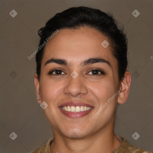 Joyful white young-adult female with short  brown hair and brown eyes