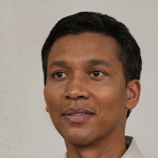 Neutral black adult male with short  black hair and brown eyes