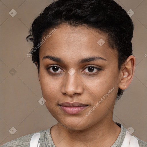 Joyful latino young-adult female with short  black hair and brown eyes