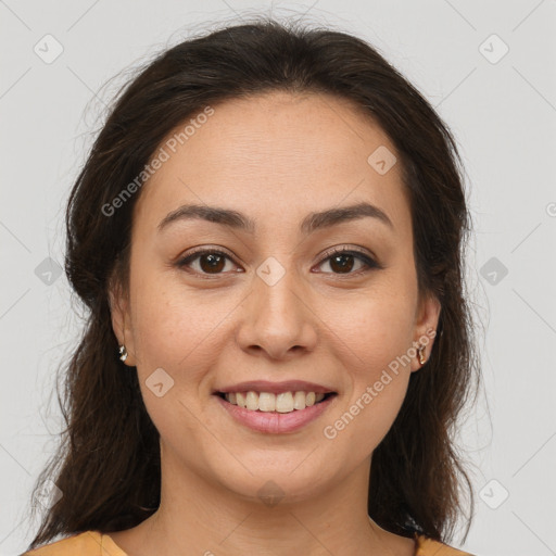 Joyful white young-adult female with medium  brown hair and brown eyes