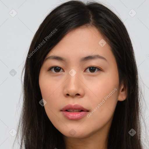 Neutral asian young-adult female with long  brown hair and brown eyes