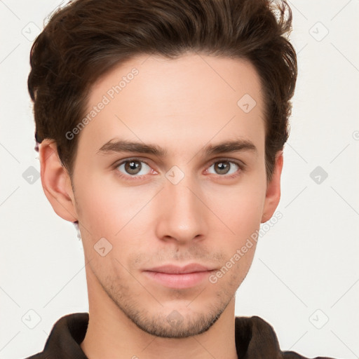 Neutral white young-adult male with short  brown hair and brown eyes