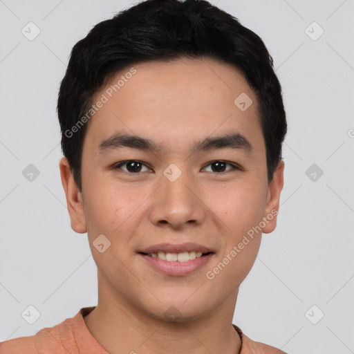 Joyful asian young-adult male with short  black hair and brown eyes