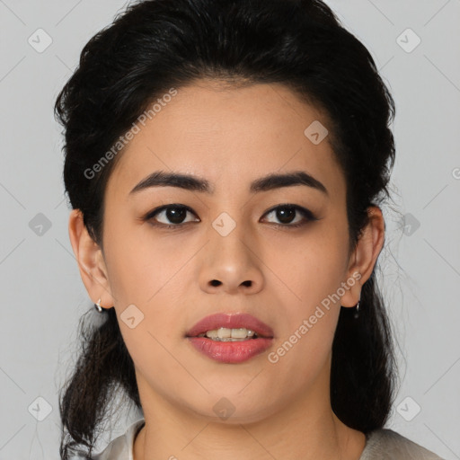 Joyful asian young-adult female with medium  black hair and brown eyes