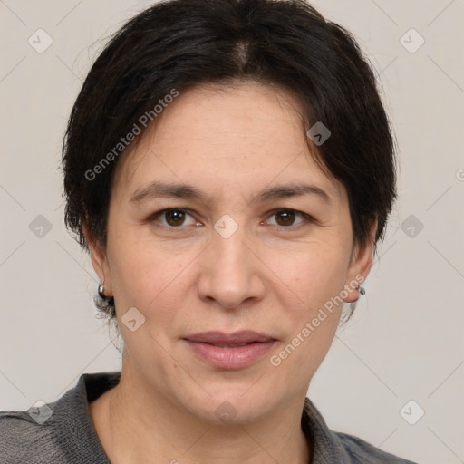 Joyful white adult female with medium  brown hair and brown eyes