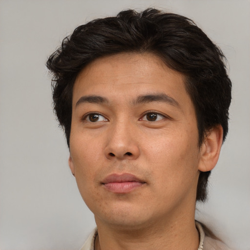 Neutral asian young-adult male with short  brown hair and brown eyes