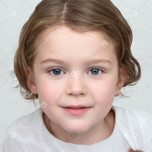 Joyful white child female with medium  brown hair and blue eyes