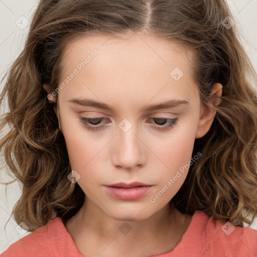 Neutral white child female with long  brown hair and brown eyes