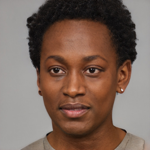 Neutral black young-adult female with short  black hair and brown eyes