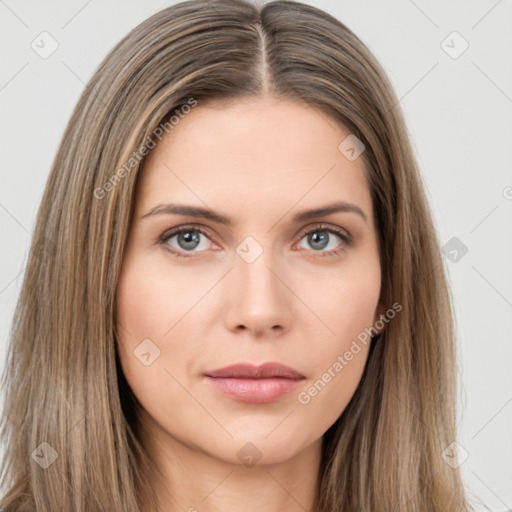 Neutral white young-adult female with long  brown hair and brown eyes