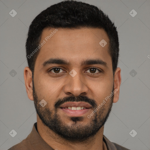 Joyful latino young-adult male with short  black hair and brown eyes