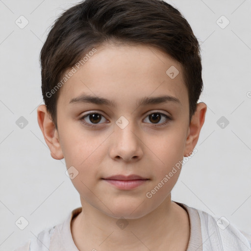 Joyful white child female with short  brown hair and brown eyes