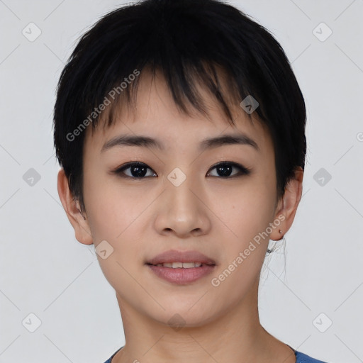 Joyful asian young-adult female with short  black hair and brown eyes