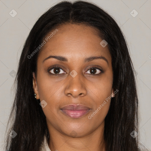 Joyful latino young-adult female with long  brown hair and brown eyes