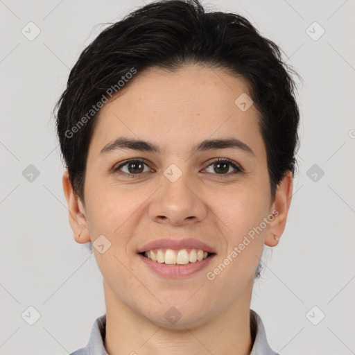 Joyful white young-adult female with short  brown hair and brown eyes