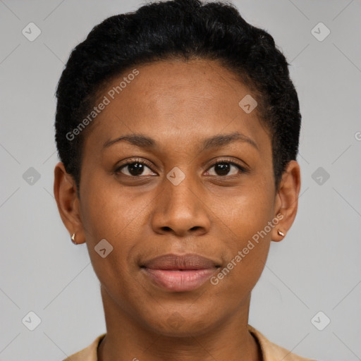 Joyful latino young-adult female with short  black hair and brown eyes