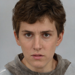 Neutral white young-adult male with short  brown hair and grey eyes