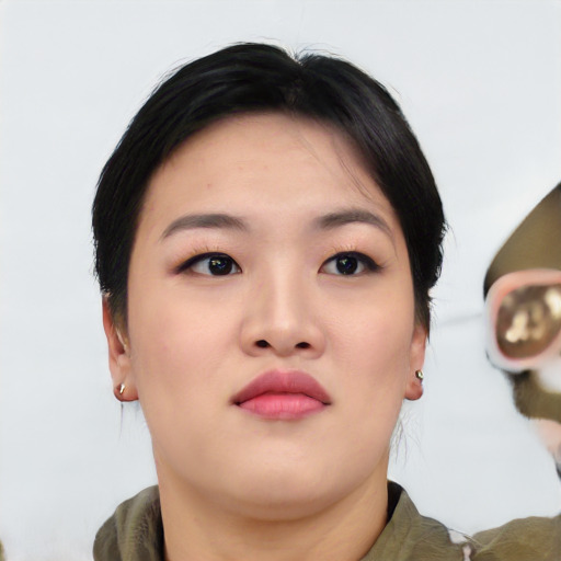 Neutral white young-adult female with medium  black hair and brown eyes