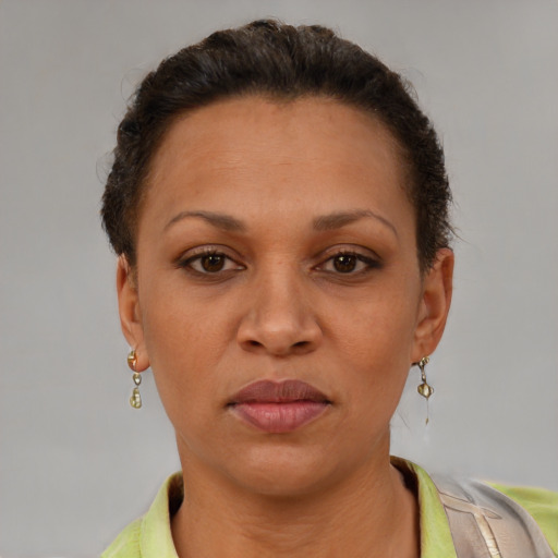 Joyful latino adult female with short  brown hair and brown eyes