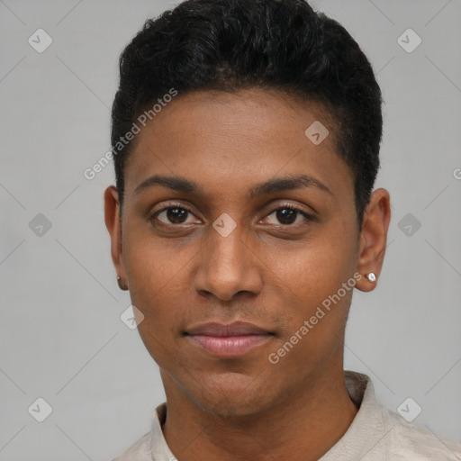 Neutral black young-adult female with short  black hair and brown eyes