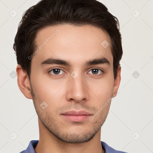 Neutral white young-adult male with short  brown hair and brown eyes