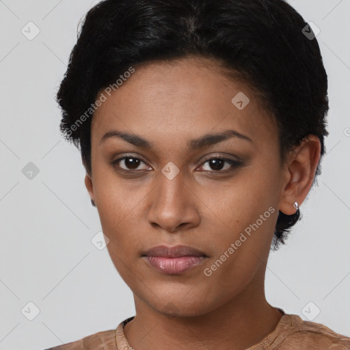 Neutral latino young-adult female with short  black hair and brown eyes