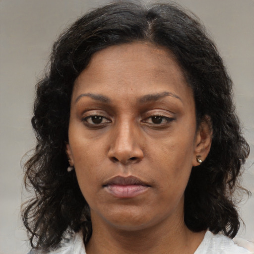 Neutral latino adult female with medium  brown hair and brown eyes