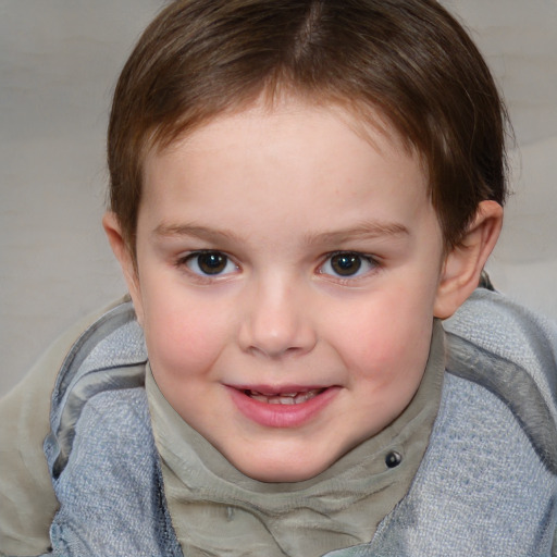 Joyful white child female with short  brown hair and brown eyes