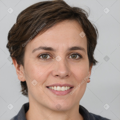 Joyful white adult female with medium  brown hair and grey eyes