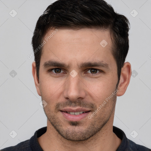 Joyful white young-adult male with short  brown hair and brown eyes