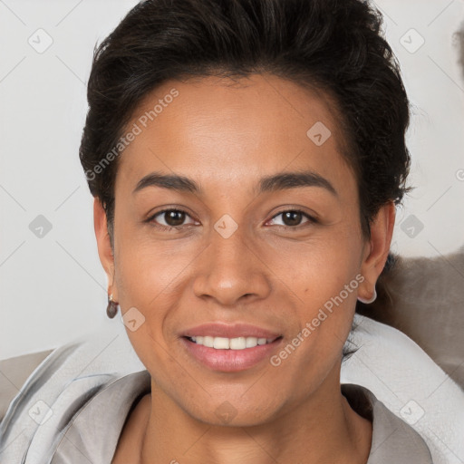 Joyful white young-adult female with short  brown hair and brown eyes